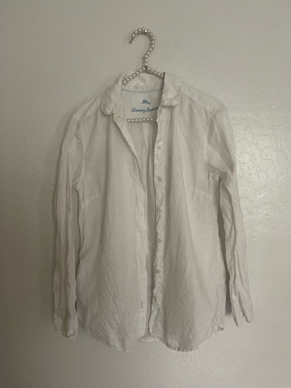 Tommy Bahama White Linen Shirt with Light Blue Logo